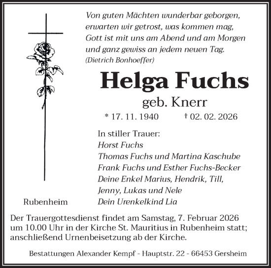 Todesanzeige von Helga Fuchs von saarbruecker_zeitung