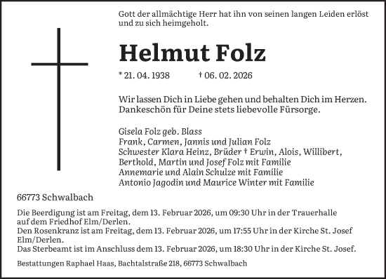 Todesanzeige von Helmut Folz von saarbruecker_zeitung
