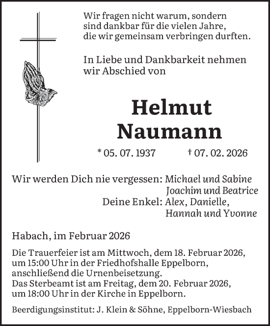 Todesanzeige von Helmut Naumann von saarbruecker_zeitung