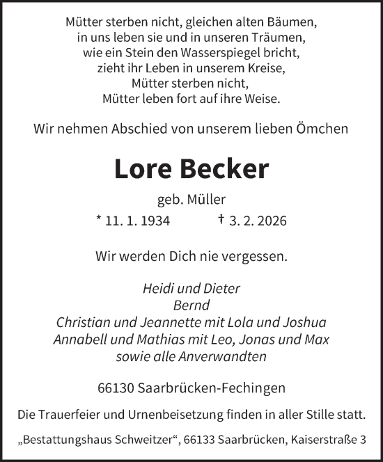 Todesanzeige von Lore Becker von saarbruecker_zeitung