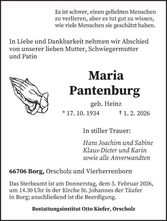 Todesanzeige von Maria Pantenburg von saarbruecker_zeitung