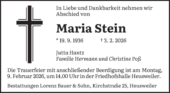 Todesanzeige von Maria Stein von saarbruecker_zeitung