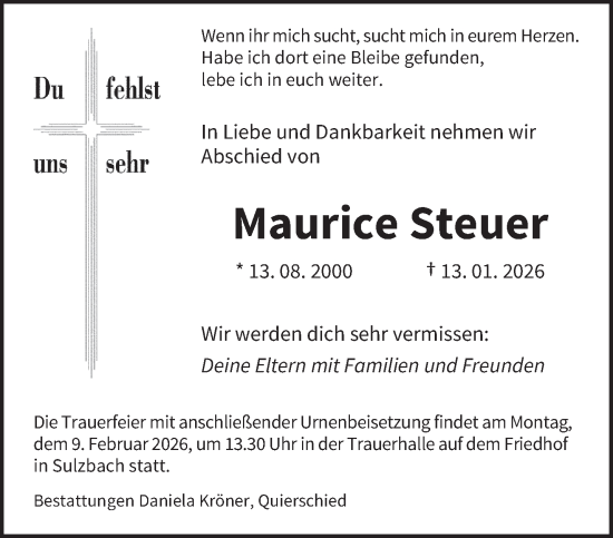 Todesanzeige von Maurice Steuer von saarbruecker_zeitung