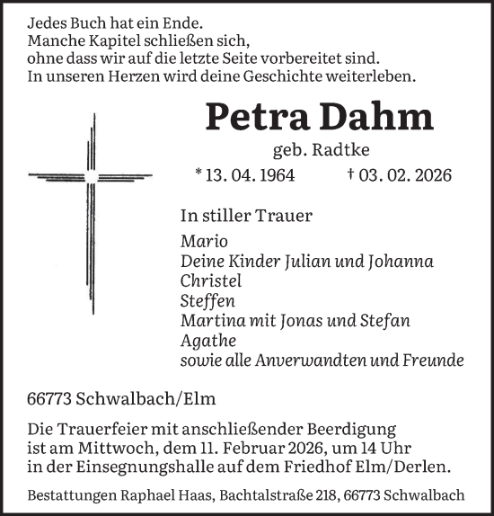 Todesanzeige von Petra Dahm von saarbruecker_zeitung