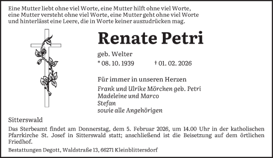 Todesanzeige von Renate Petri von saarbruecker_zeitung
