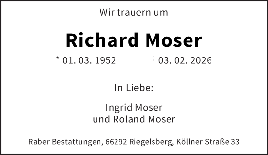 Todesanzeige von Richard Moser von saarbruecker_zeitung