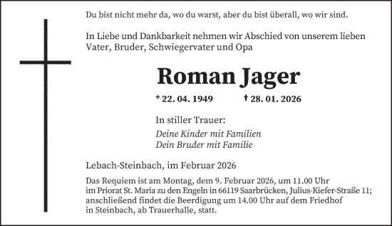 Todesanzeige von Roman Jager von saarbruecker_zeitung