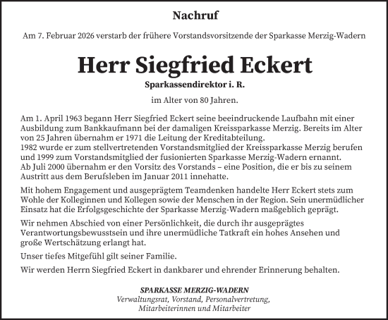 Todesanzeige von Siegfried Eckert von saarbruecker_zeitung