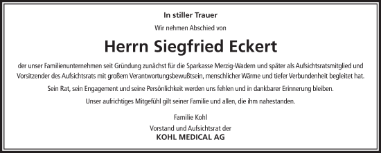 Todesanzeige von Siegfried Eckert von saarbruecker_zeitung
