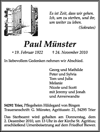 Todesanzeige von Paul Münster von TRIERISCHER VOLKSFREUND