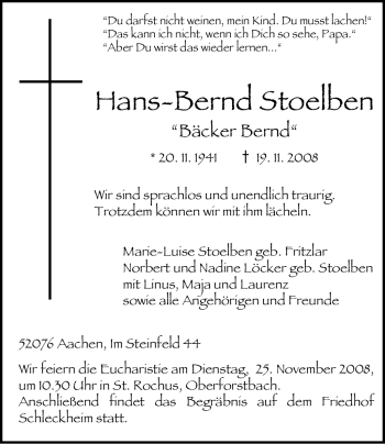 Todesanzeige von Hans-Bernd Stoelben von TRIERISCHER VOLKSFREUND