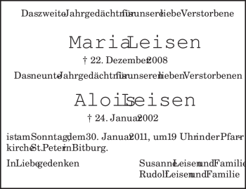 Todesanzeige von Alois Leisen von TRIERISCHER VOLKSFREUND