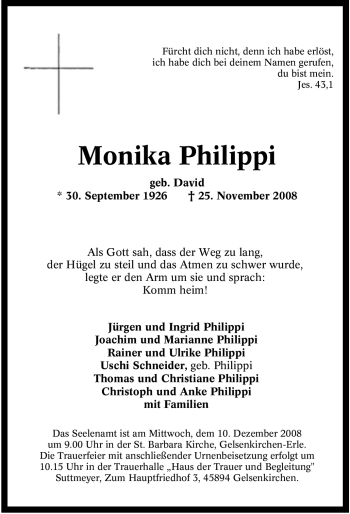 Todesanzeige von Monika Philippi von TRIERISCHER VOLKSFREUND