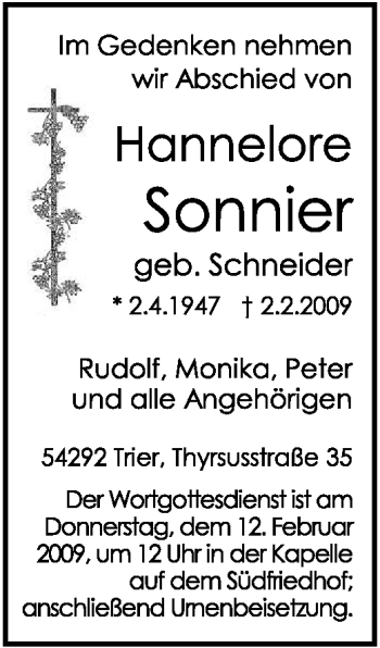 Todesanzeige von Hannelore Sonnier von TRIERISCHER VOLKSFREUND
