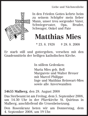 Todesanzeige von Matthias Mies von TRIERISCHER VOLKSFREUND