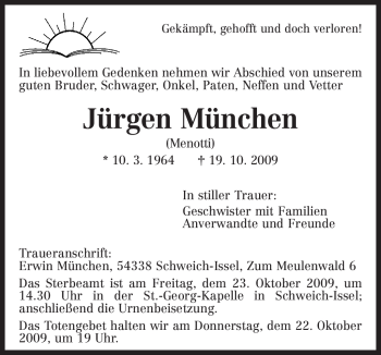 Todesanzeige von Jürgen München von TRIERISCHER VOLKSFREUND