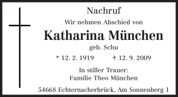 Todesanzeige von Katharina München von TRIERISCHER VOLKSFREUND