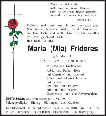 Todesanzeige von Maria Frideres von TRIERISCHER VOLKSFREUND