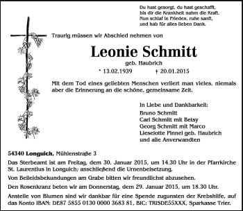 Todesanzeige von Leonie Schmitt von trierischer_volksfreund