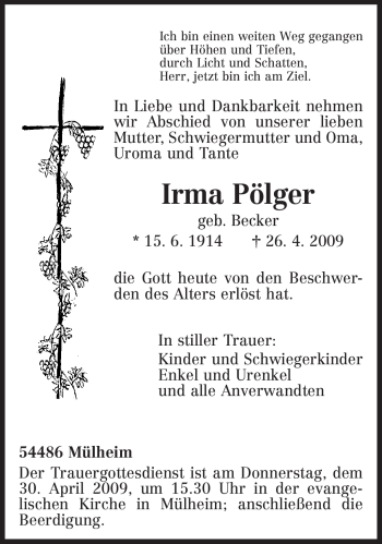 Todesanzeige von Irma Pölger von TRIERISCHER VOLKSFREUND