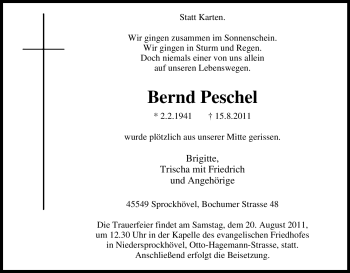 Todesanzeige von Bernd Peschel von TRIERISCHER VOLKSFREUND