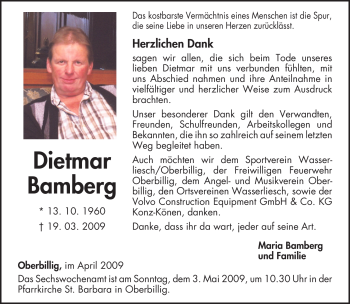 Todesanzeige von Dietmar Bamberg von TRIERISCHER VOLKSFREUND