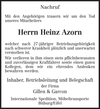 Todesanzeige von Heinz Azorn von TRIERISCHER VOLKSFREUND
