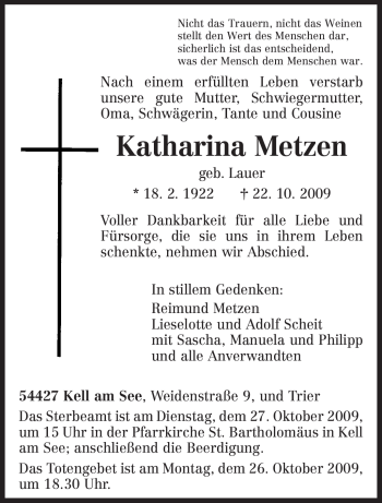 Todesanzeige von Katharina Metzen von TRIERISCHER VOLKSFREUND