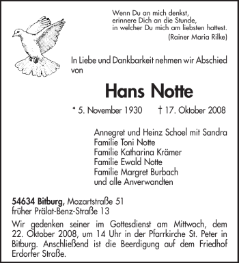 Todesanzeige von Hans Notte von TRIERISCHER VOLKSFREUND