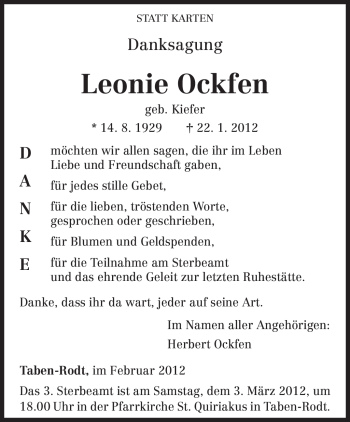 Todesanzeige von Leonie Ockfen von TRIERISCHER VOLKSFREUND
