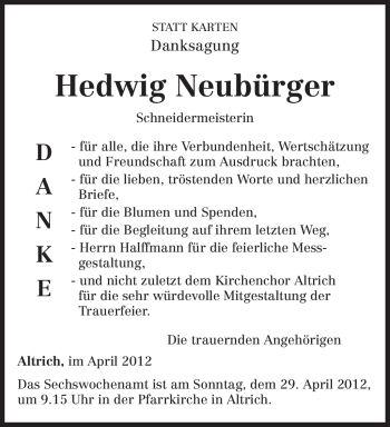 Todesanzeige von Hedwig Neubürger von TRIERISCHER VOLKSFREUND