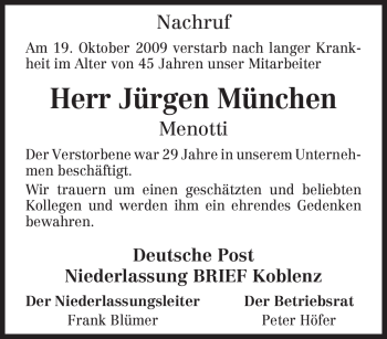 Todesanzeige von Jürgen München von TRIERISCHER VOLKSFREUND