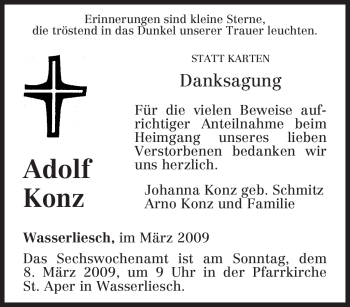 Todesanzeige von Adolf Konz von TRIERISCHER VOLKSFREUND