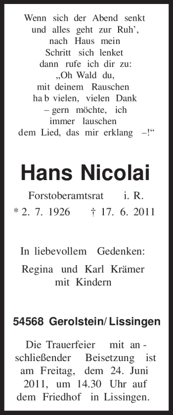 Todesanzeige von Hans Nicolai von TRIERISCHER VOLKSFREUND