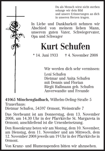 Todesanzeige von Kurt Schufen von TRIERISCHER VOLKSFREUND