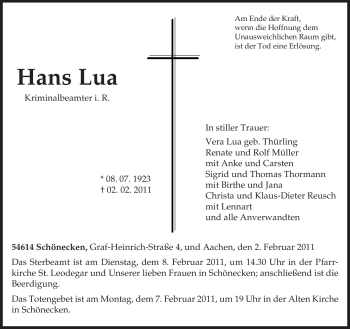 Todesanzeige von Hans Lua von TRIERISCHER VOLKSFREUND