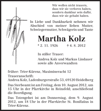 Todesanzeige von Martha Kolz von TRIERISCHER VOLKSFREUND