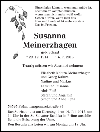Todesanzeige von Susanna Meinerzhagen von trierischer_volksfreund