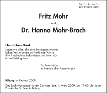 Todesanzeige von Hanna Mohr-Brach von TRIERISCHER VOLKSFREUND