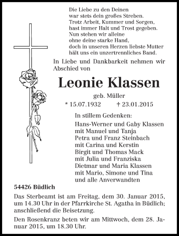Todesanzeige von Leonie Klassen von trierischer_volksfreund