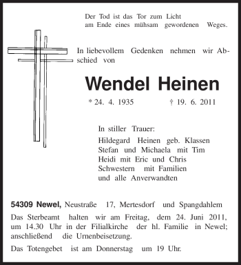 Todesanzeige von Wendel Heinen von TRIERISCHER VOLKSFREUND
