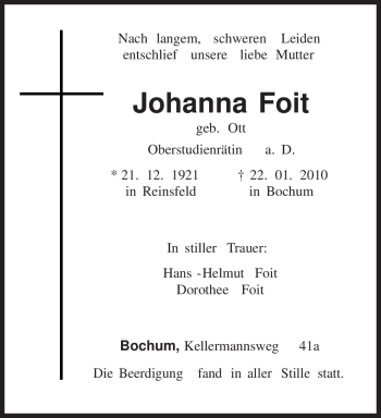 Todesanzeige von Johanna Foit von TRIERISCHER VOLKSFREUND