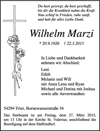 Todesanzeige von Wilhelm Marzi von trierischer_volksfreund