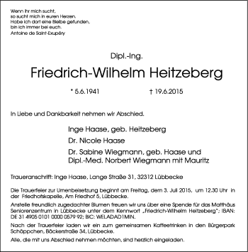 Todesanzeige von Friedrich-Wilhelm Heitzeberg von trierischer_volksfreund