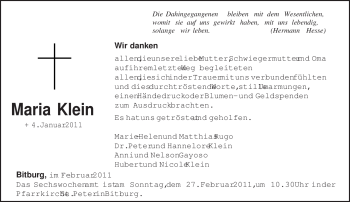 Todesanzeige von Maria Klein von TRIERISCHER VOLKSFREUND