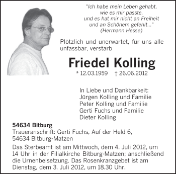 Todesanzeige von Friedel Kolling von TRIERISCHER VOLKSFREUND