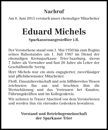 Todesanzeige von Eduard Michels von trierischer_volksfreund