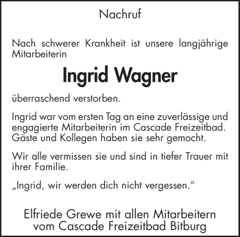 Todesanzeige von Ingrid Wagner von TRIERISCHER VOLKSFREUND