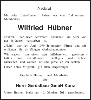 Todesanzeige von Wilfried Hübner von TRIERISCHER VOLKSFREUND