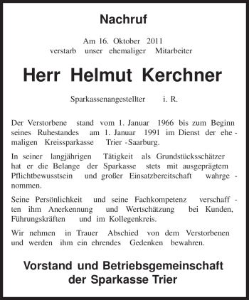 Todesanzeige von Helmut Kerchner von TRIERISCHER VOLKSFREUND